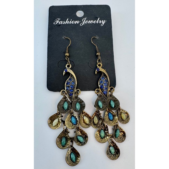 Jewelry - Bohemian Peacock Dangle Earrings Blue Green Gold Tone Statement Fashion Jewelry